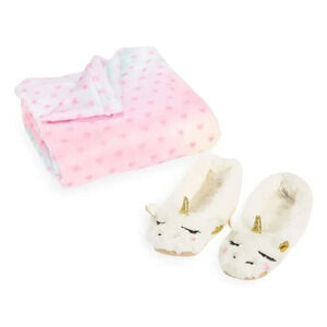 Under One Sky Girls Gift Set 3 Pieces Socks Blanket White Unicorn Hearts Winter